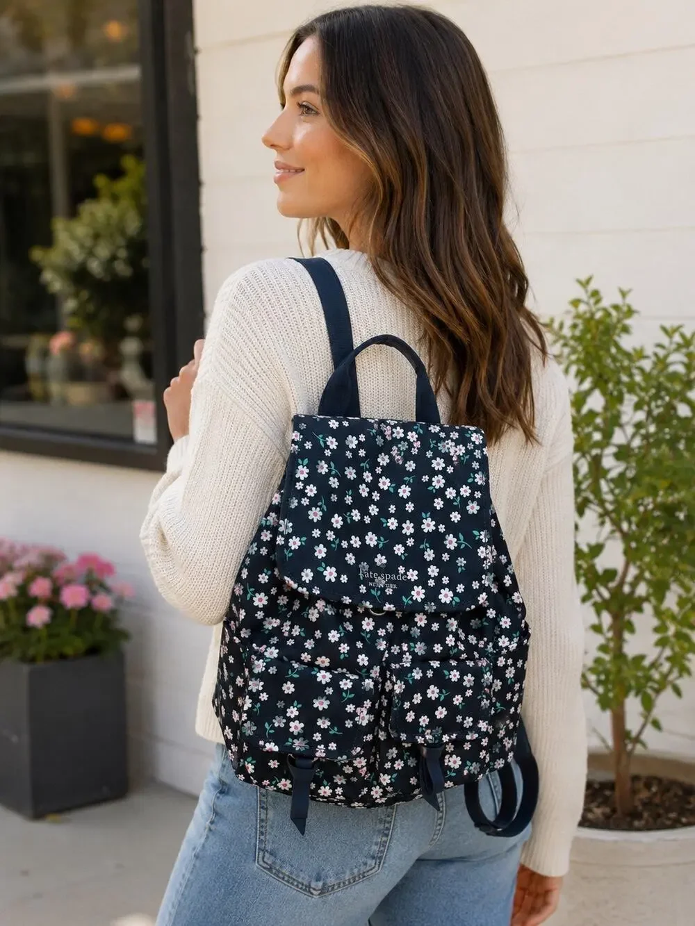 Kate Spade Floral Backpack Navy Daisy Print Nylon Drawstring Travel Bag